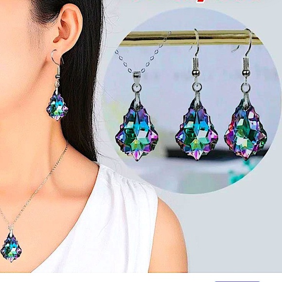 Austrian Crystal Necklace Earrings Set Mystic Fire Silver Dangle Baroque Leaf E… - Picture 2 of 3